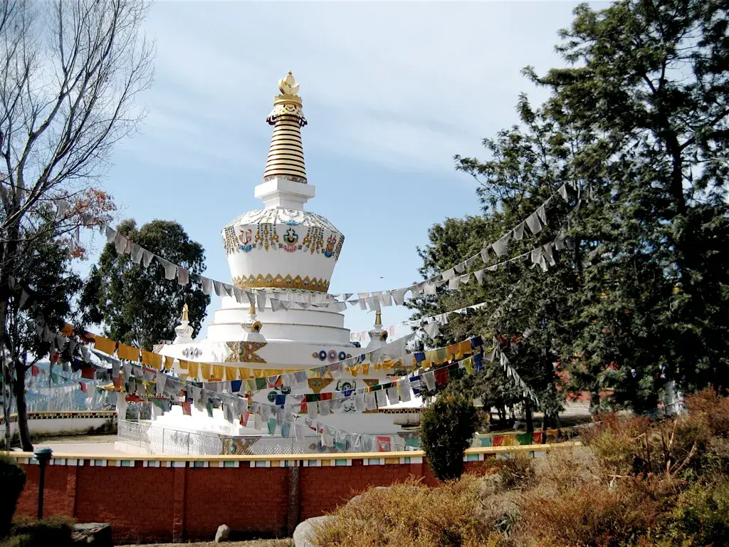 A stupa and prayer flags in the Tibetan Colony