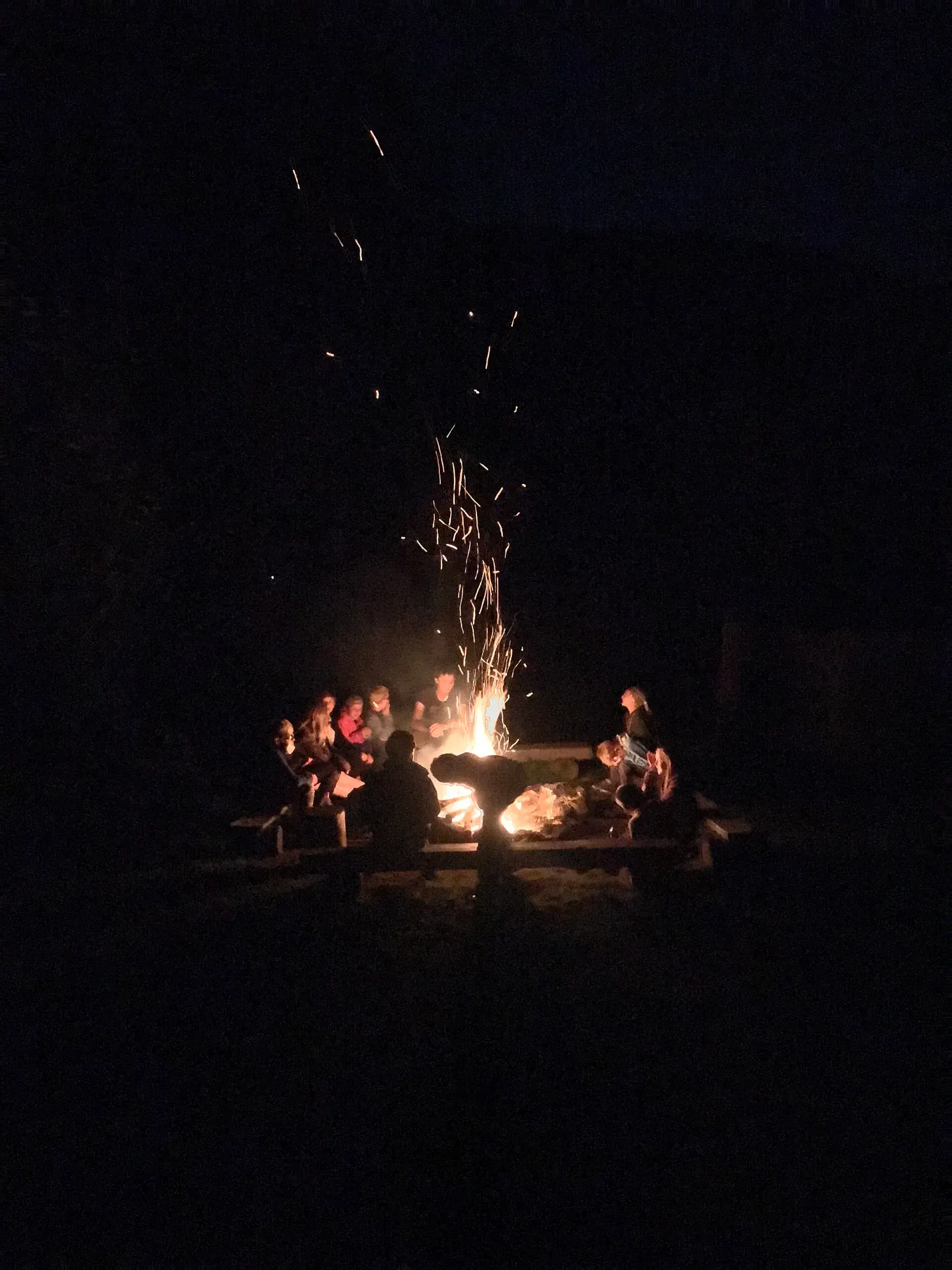 Faces lit by firelight, candid, no posing